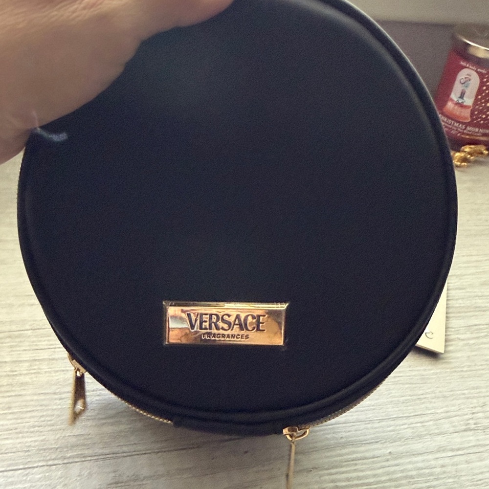 Versace Black Round Cosmetic Case with Gold Plaque